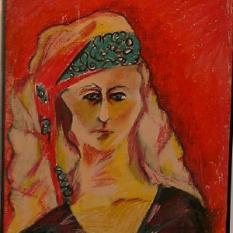 Self Portrait with Scarf, 14” x 17” Oil and Oil Pastel on Canvas (unframed)
